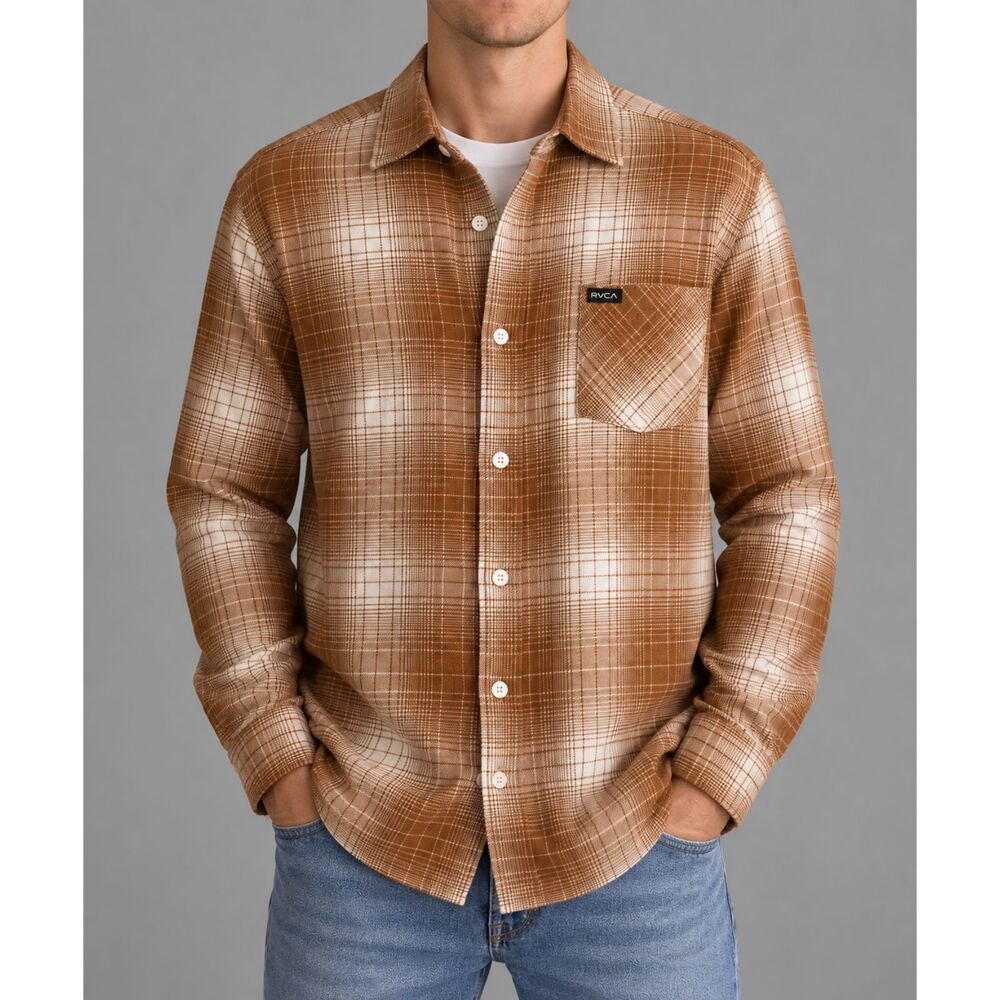 RVCA Men’s M Brown Tan Plaid Flannel Shirt Long Sleeve Button Up NWT